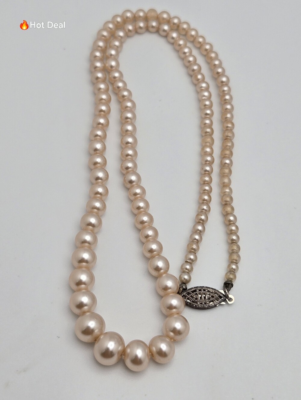 Vintage Graduated Faux Pearl Necklace 925 Sterling Clasp Champagne Pink 17"
